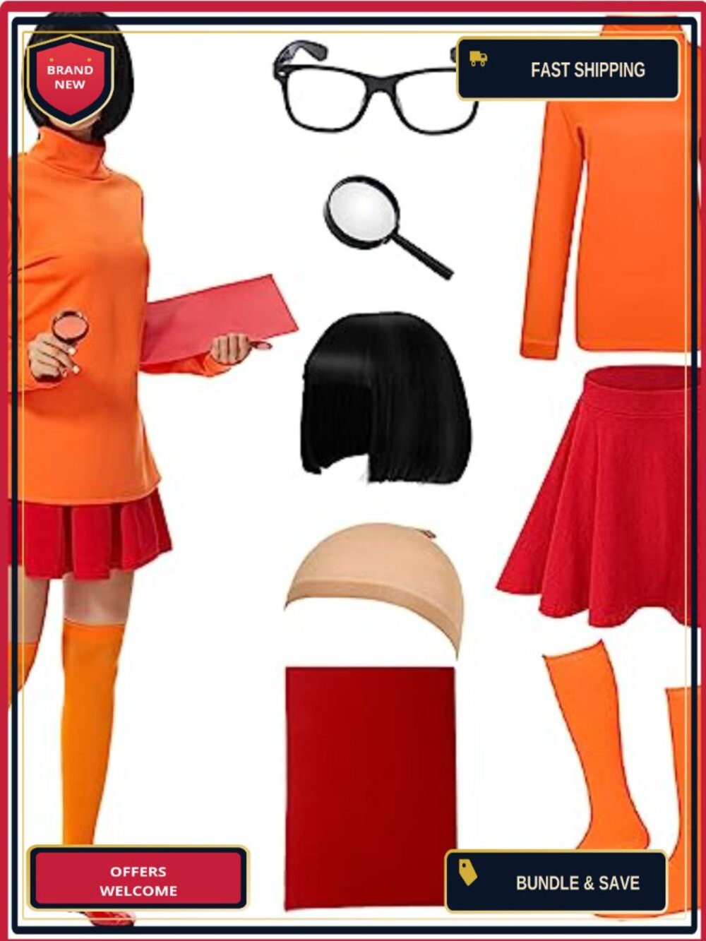 Velma Costume Adult Women Halloween Classic Movie Character 8 Pc Set with Wig